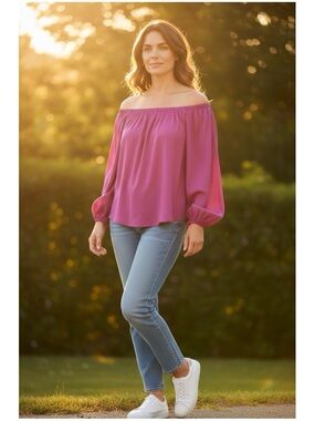Lilly Pulitzer Women’s Sz S Purple Silk Off The Shoulder Blouse Top Long Sleeve